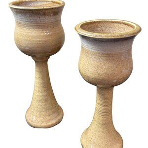 Signed Handcrafted Ceramic Goblets With Textured Stems & Rustic